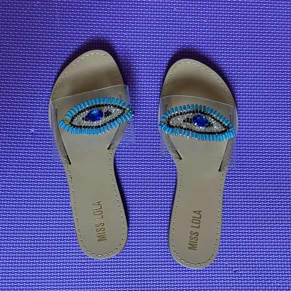 NWOT CLEAR Evil Eye Good Vibes Sequin Bead Sandals - Picture 2 of 4